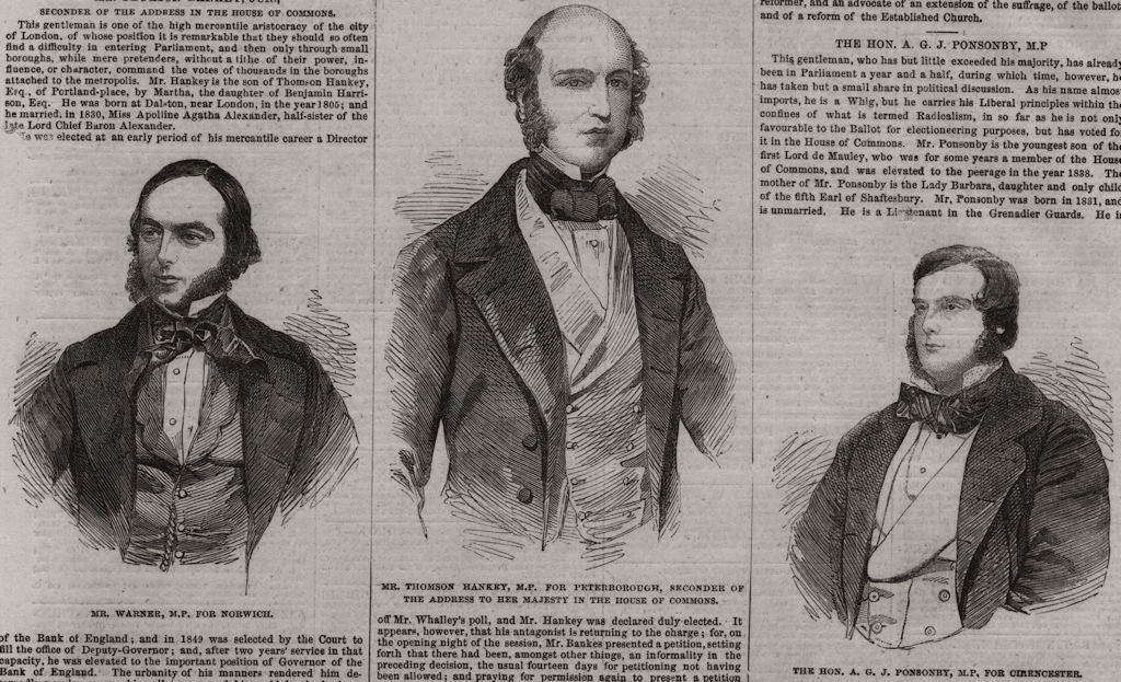 Warner Norwich MP; Hankey Peterborough MP. Ponsonby Cirencester MP 1854 print